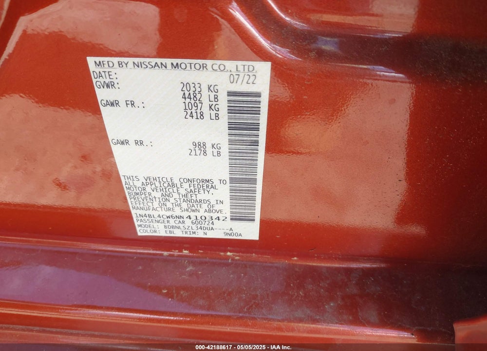 2022 NISSAN ALTIMA VIN: 1N4BL4CW6NN410342
