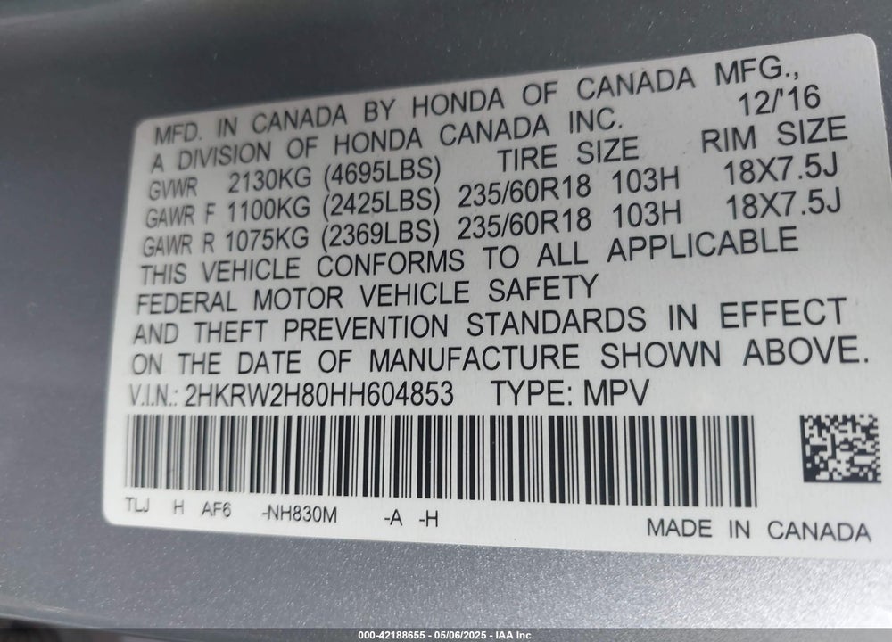 2017 HONDA CR-V EX-L/EX-L NAVI VIN: 2HKRW2H80HH604853