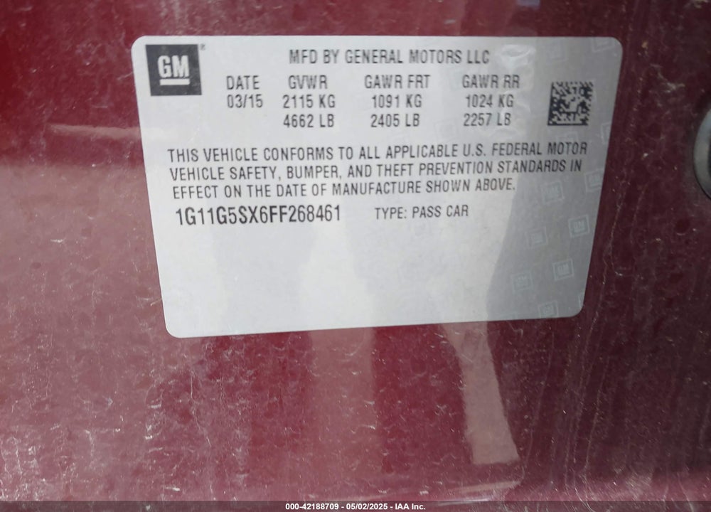 2015 CHEVROLET MALIBU 2LZ VIN: 1G11G5SX6FF268461