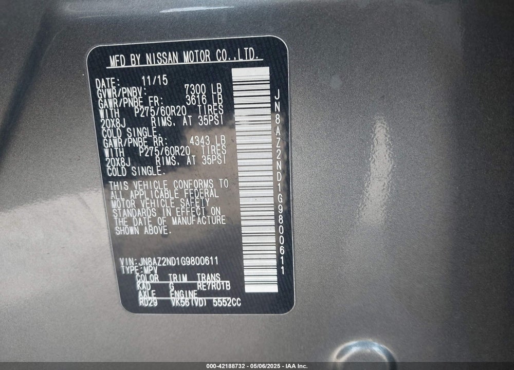 2016 INFINITI QX80 VIN: JN8AZ2ND1G9800611