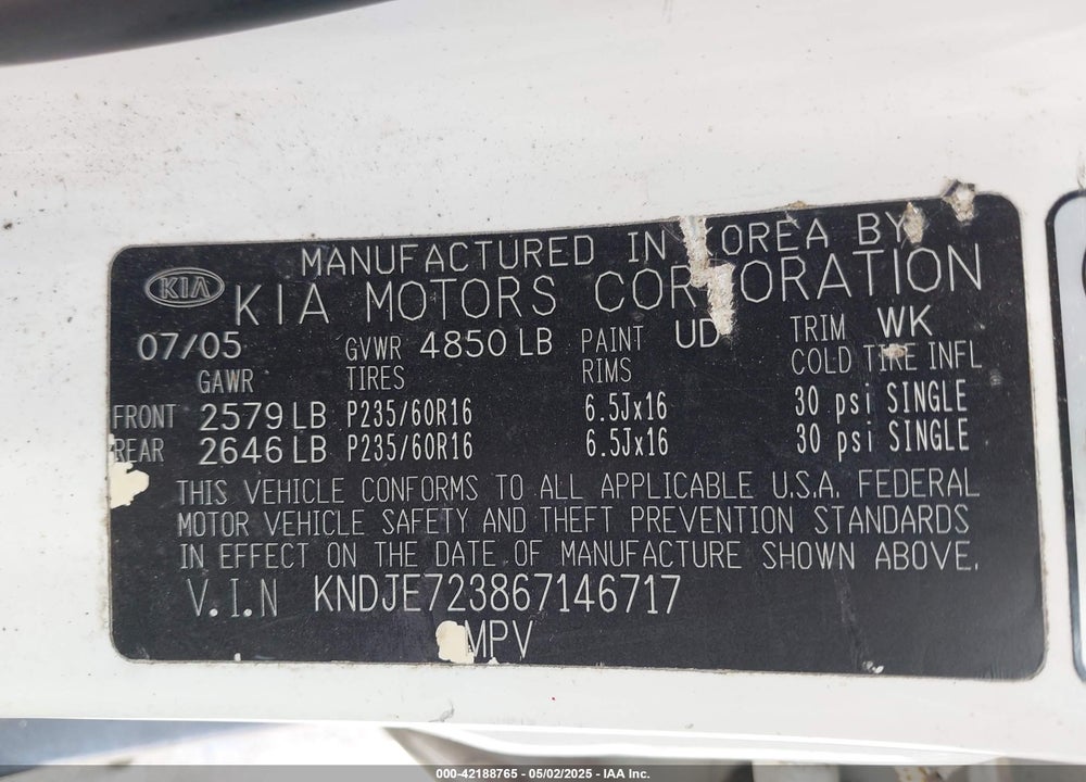 2006 KIA SPORTAGE VIN: KNDJE723867146717