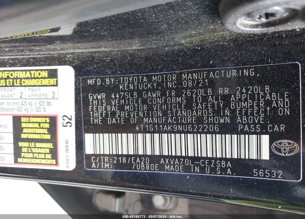 2022 TOYOTA CAMRY SE VIN: 4T1G11AK9NU622206