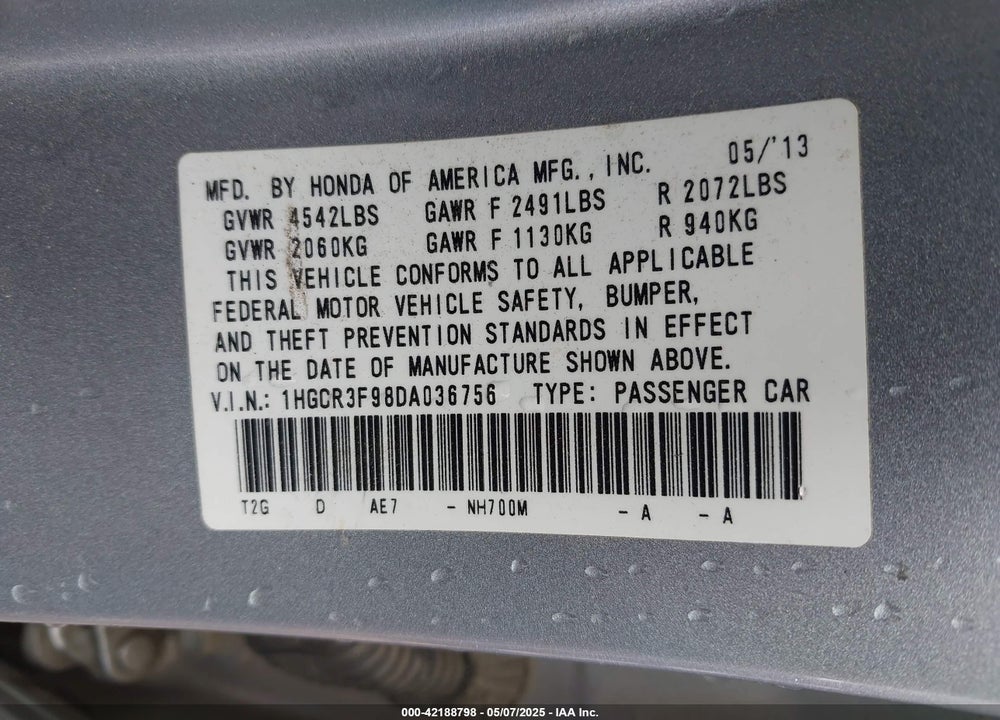 2013 HONDA ACCORD VIN: 1HGCR3F98DA036756
