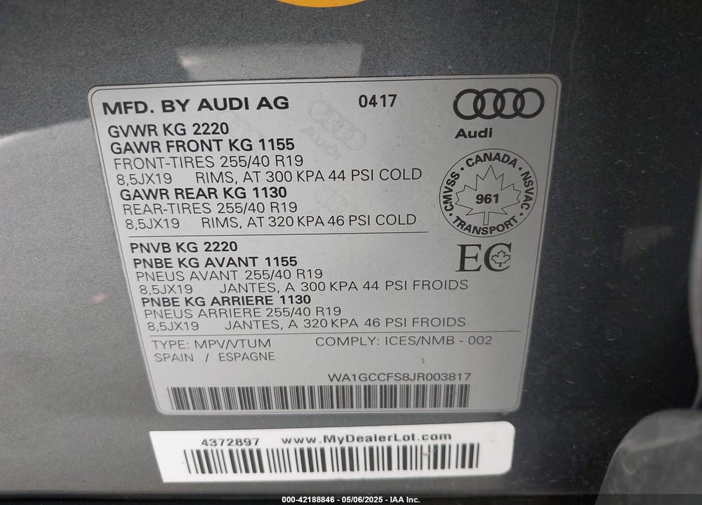 2018 AUDI Q3 VIN: WA1GCCFS8JR003817