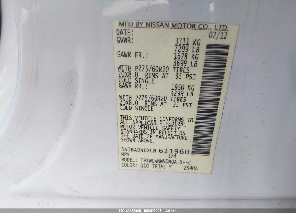 2012 NISSAN ARMADA VIN: 5N1BA0NEXCN611960