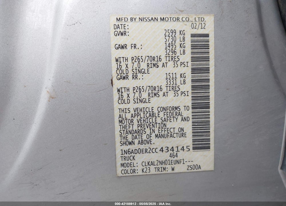 2012 NISSAN FRONTIER VIN: 1N6AD0ER2CC434145