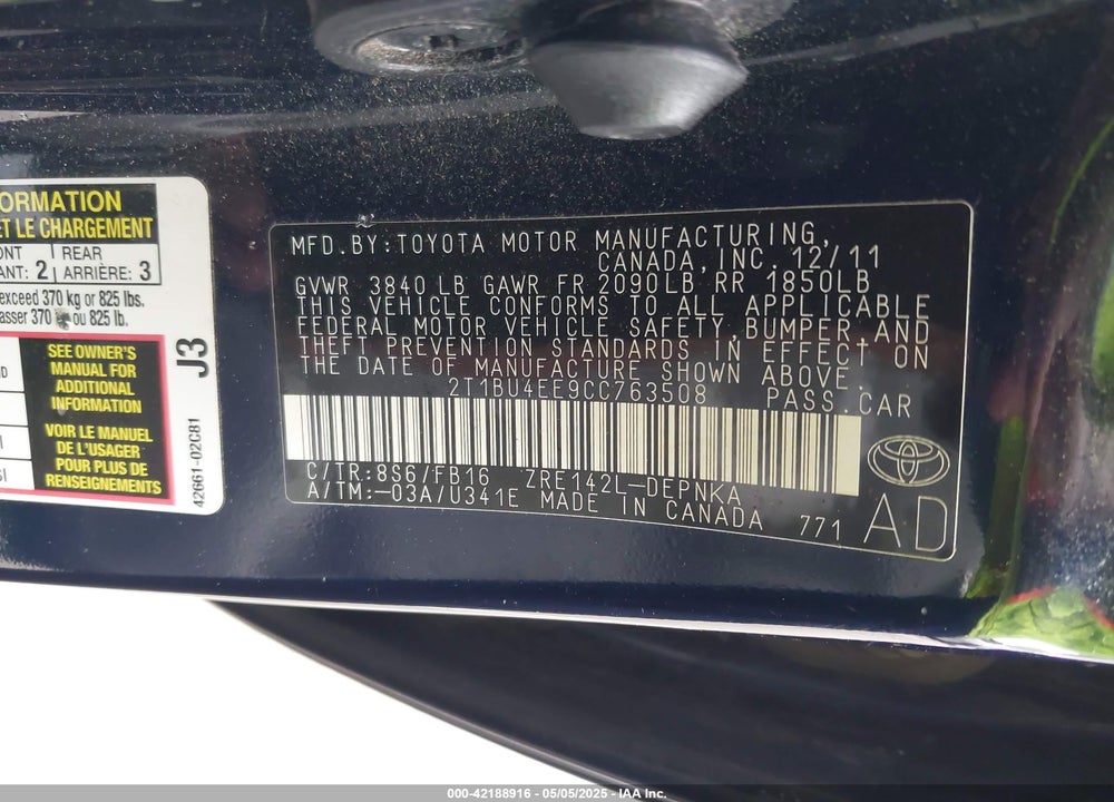 2012 TOYOTA COROLLA LE VIN: 2T1BU4EE9CC763508