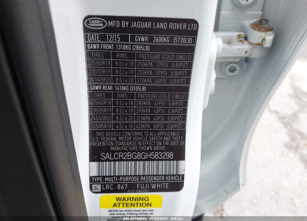 2016 LAND ROVER DISCOVERY SPORT VIN: SALCR2BG8GH583298