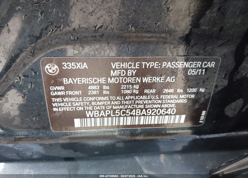 2011 BMW 3 SERIES VIN: WBAPL5C54BA920640
