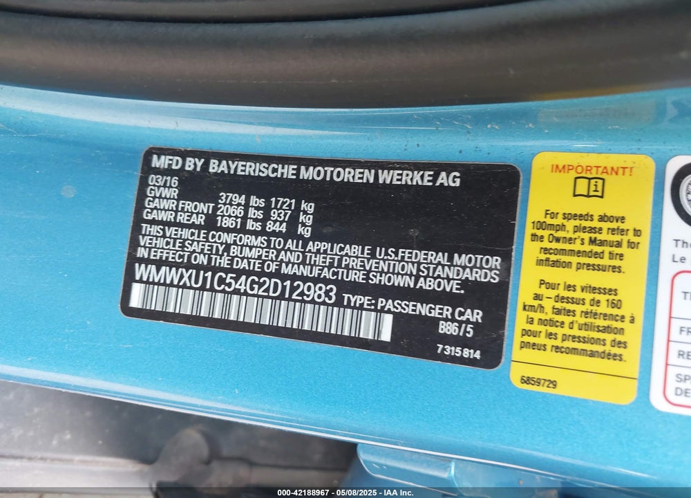 2016 MINI HARDTOP VIN: WMWXU1C54G2D12983