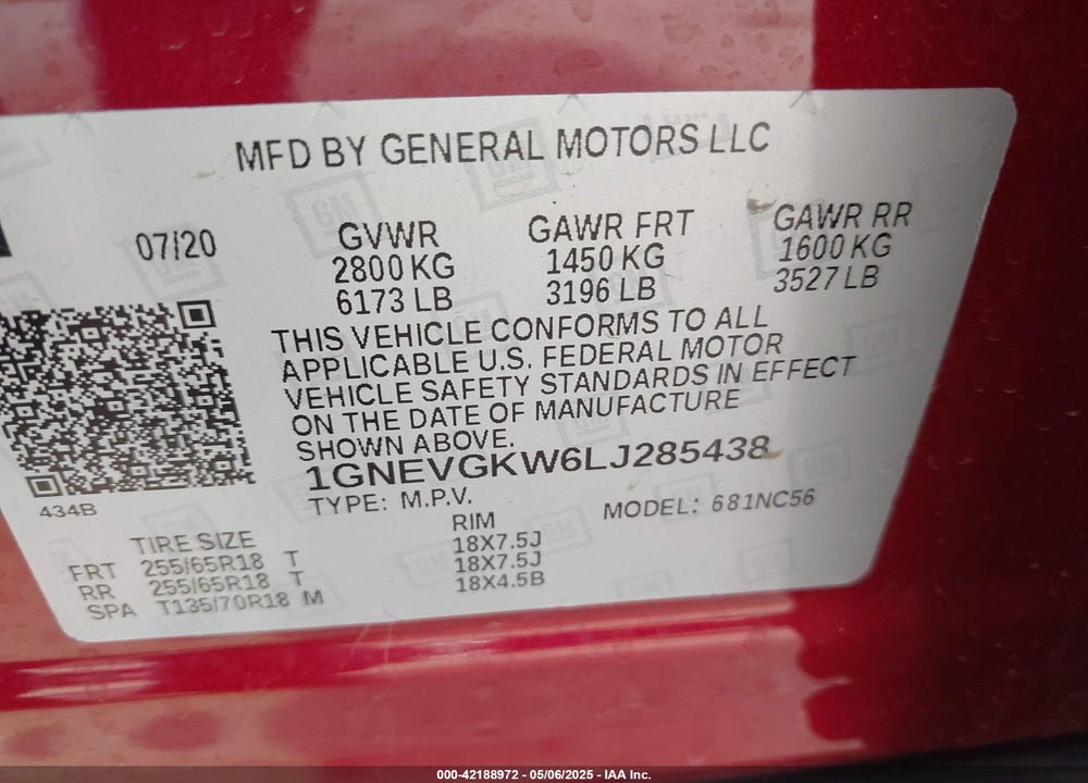 2020 CHEVROLET TRAVERSE AWD LT CLOTH VIN: 1GNEVGKW6LJ285438