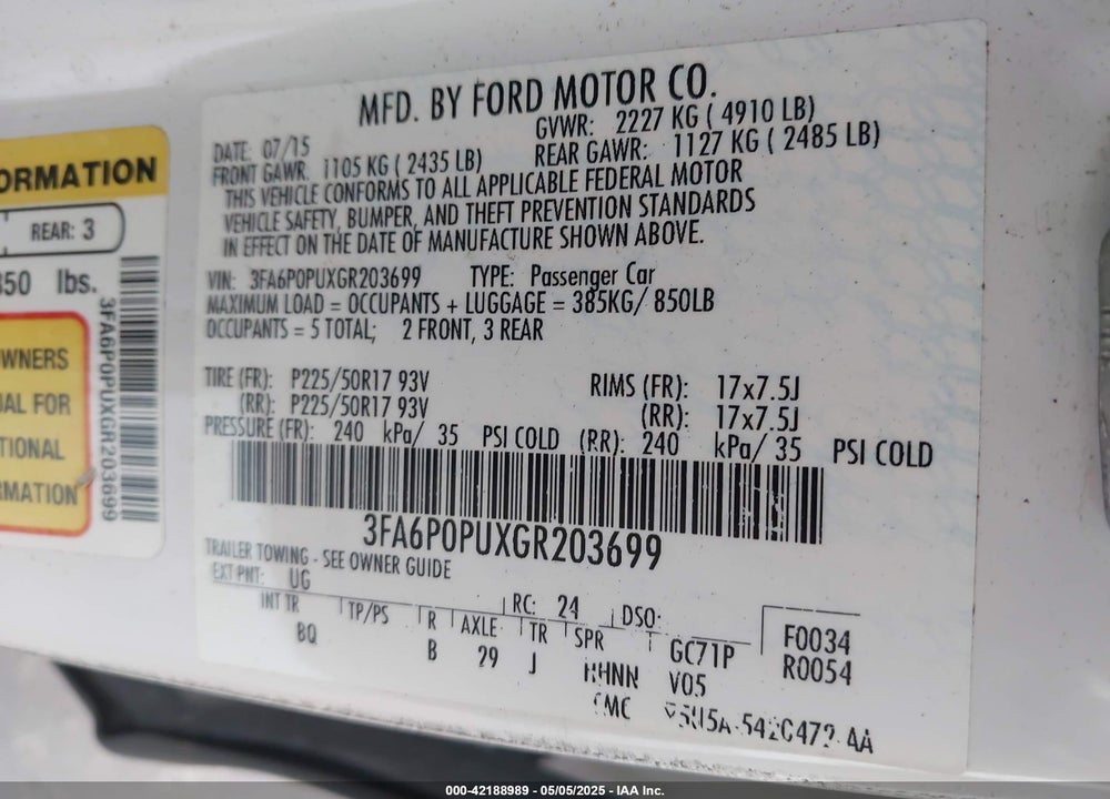2016 FORD FUSION ENERGI VIN: 3FA6P0PUXGR203699