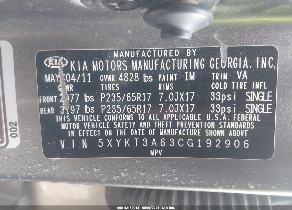 2012 KIA SORENTO LX VIN: 5XYKT3A63CG192906