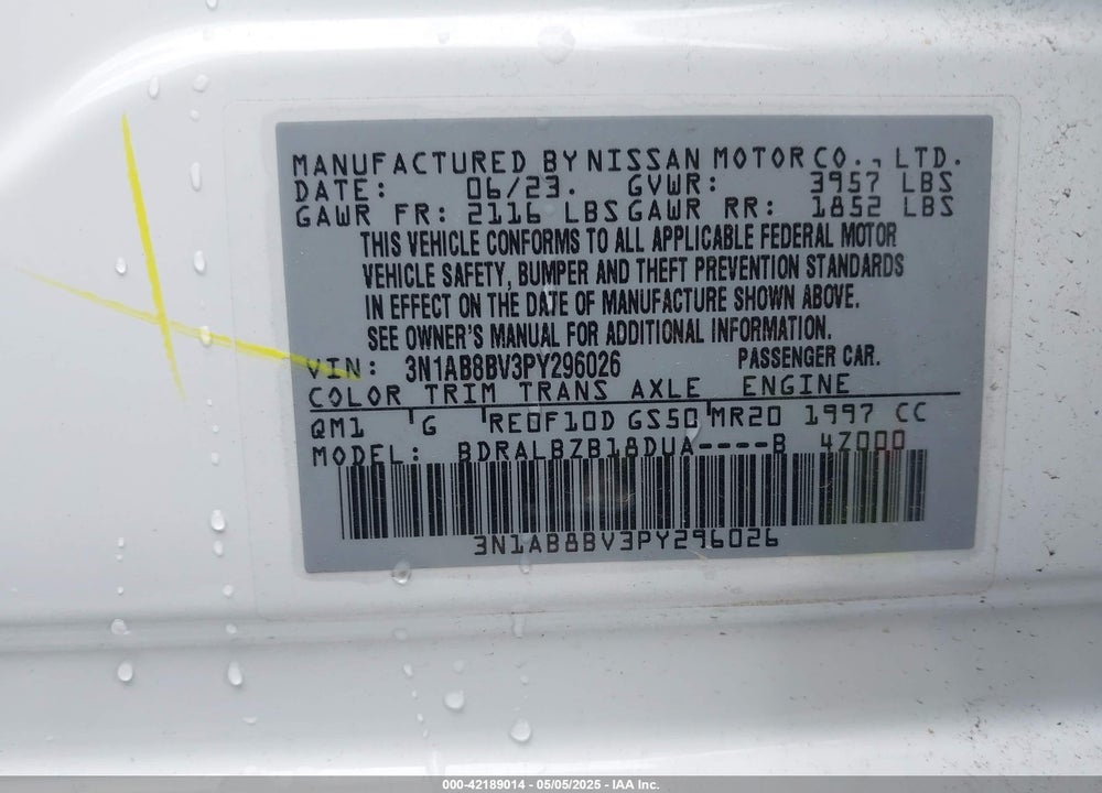 2023 NISSAN SENTRA S XTRONIC CVT VIN: 3N1AB8BV3PY296026