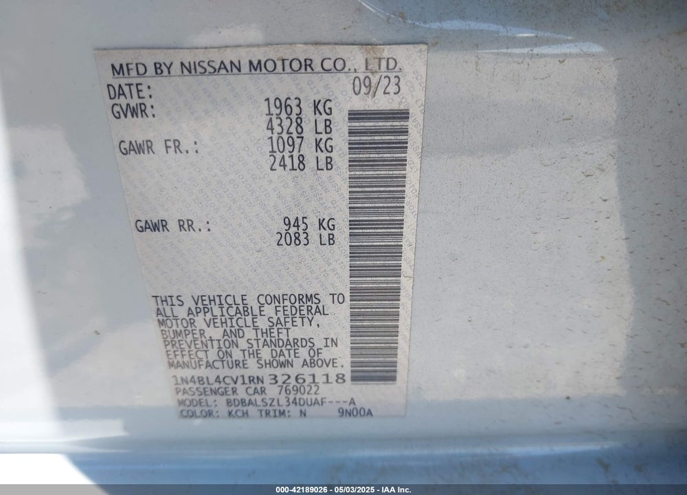 2024 NISSAN ALTIMA SR FWD VIN: 1N4BL4CV1RN326118
