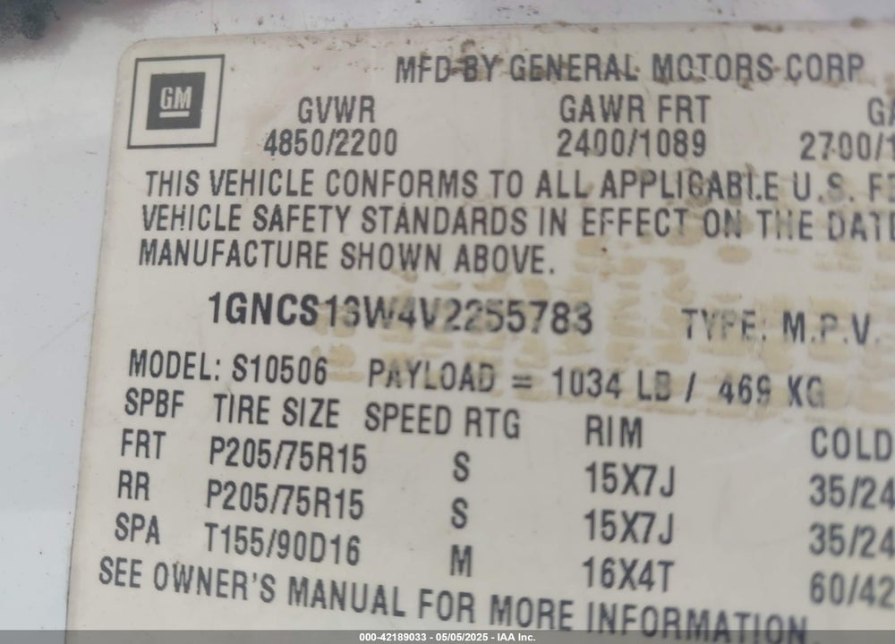 1997 CHEVROLET BLAZER LS VIN: 1GNCS13W4V2255783