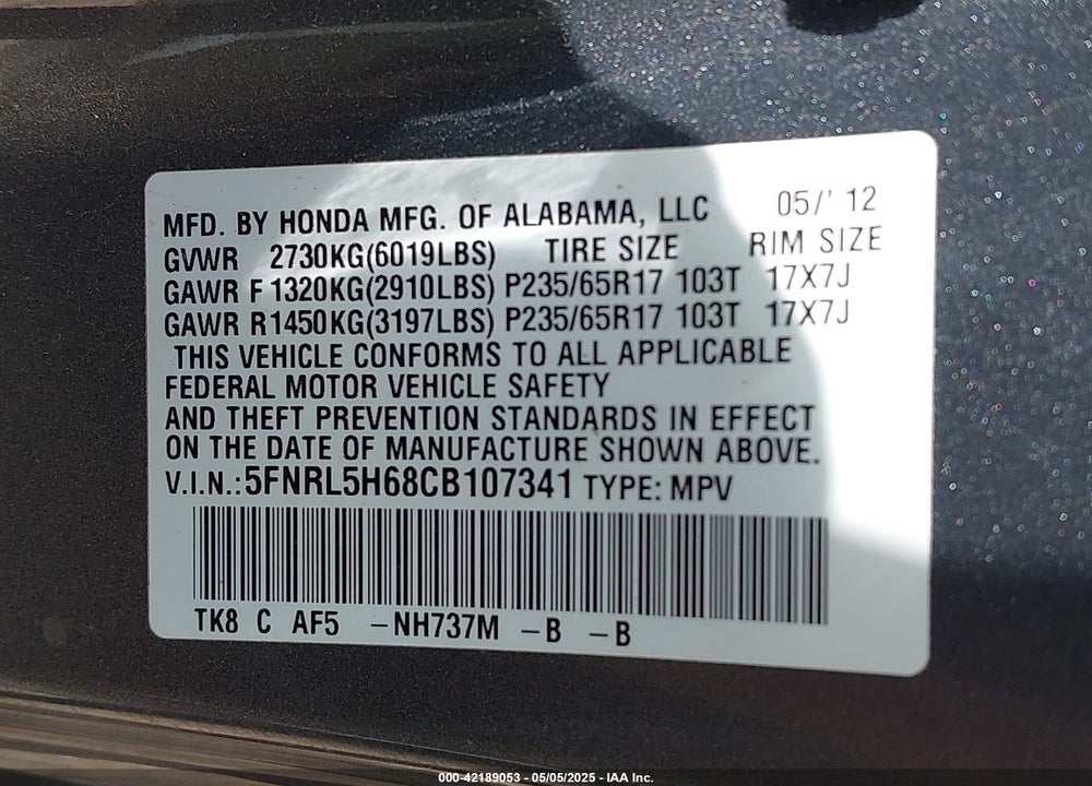 2012 HONDA ODYSSEY EXL VIN: 5FNRL5H68CB107341