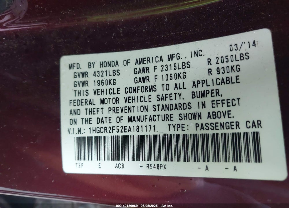 2014 HONDA ACCORD VIN: 1HGCR2F52EA181171