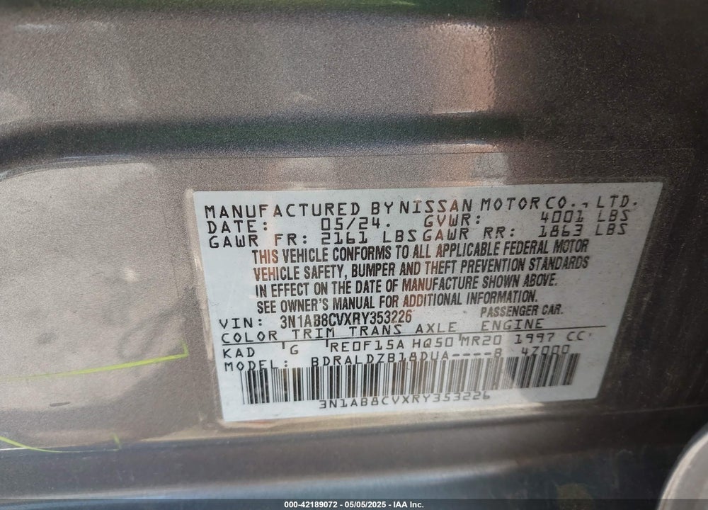 2024 NISSAN SENTRA VIN: 3N1AB8CVXRY353226