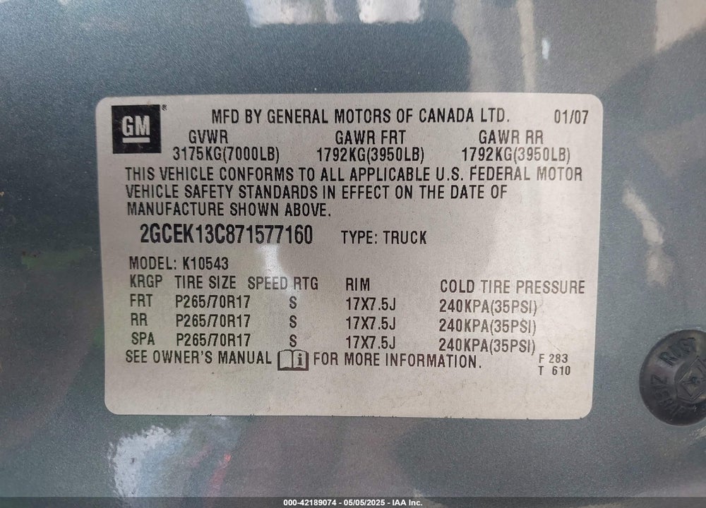 2007 CHEVROLET SILVERADO 1500 LT1 VIN: 2GCEK13C871577160
