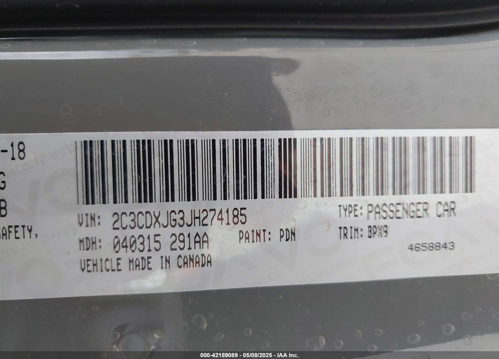 2018 DODGE CHARGER VIN: 2C3CDXJG3JH274185