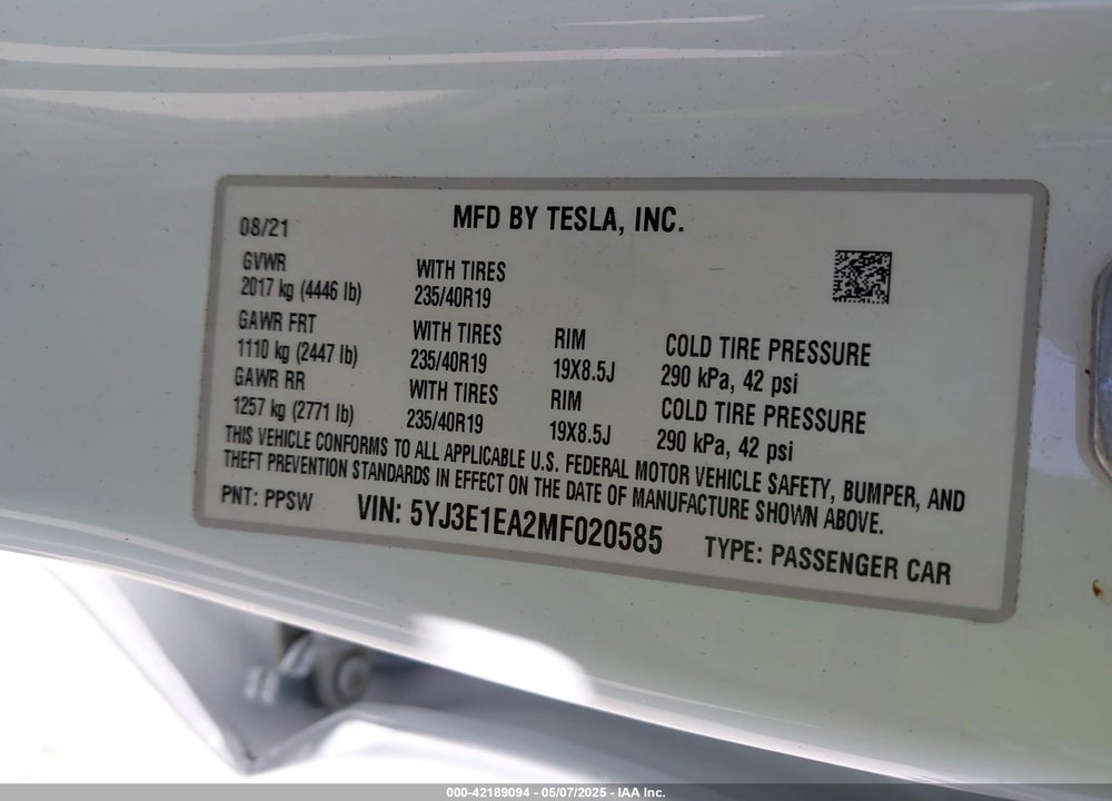 2021 TESLA MODEL 3 STANDARD RANGE PLUS REAR-WHEEL DRIVE VIN: 5YJ3E1EA2MF020585