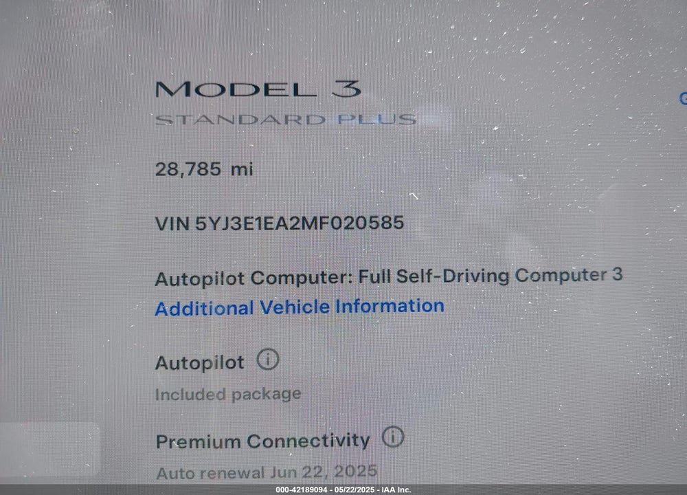 2021 TESLA MODEL 3 STANDARD RANGE PLUS REAR-WHEEL DRIVE VIN: 5YJ3E1EA2MF020585