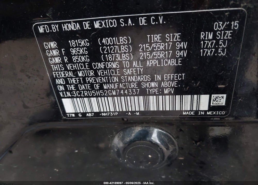 2016 HONDA HR-V EX VIN: 3CZRU5H52GM744337