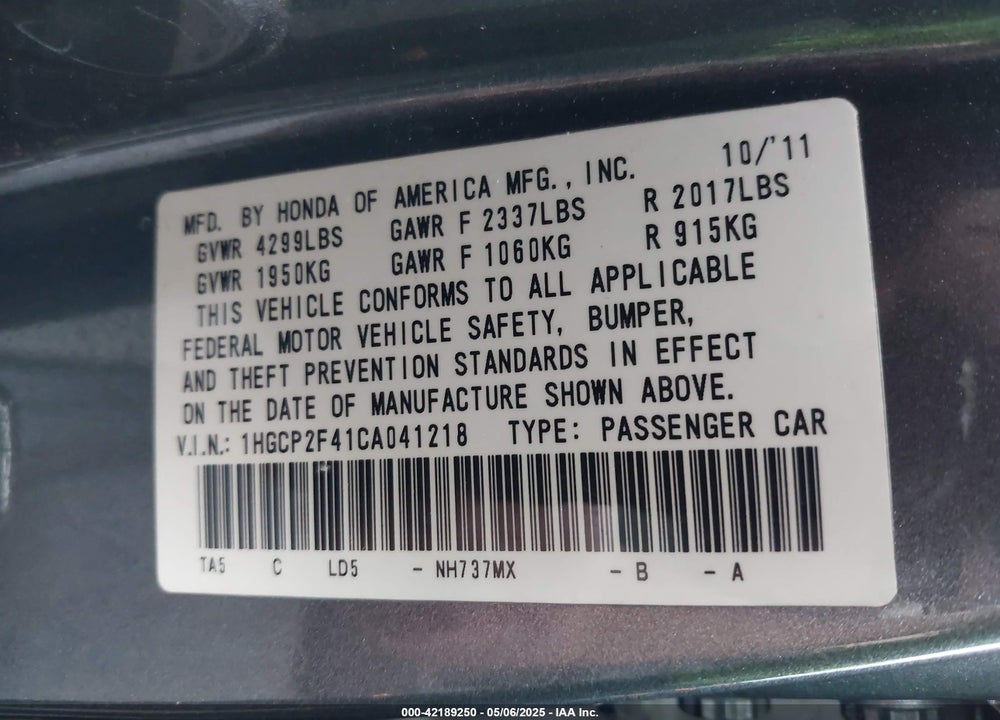 2012 HONDA ACCORD VIN: 1HGCP2F41CA041218