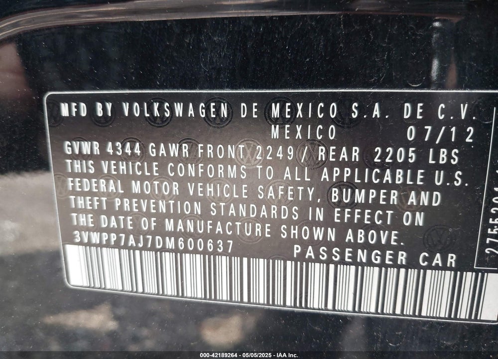 2013 VOLKSWAGEN JETTA SPORTWAGEN 2.5L SE VIN: 3VWPP7AJ7DM600637