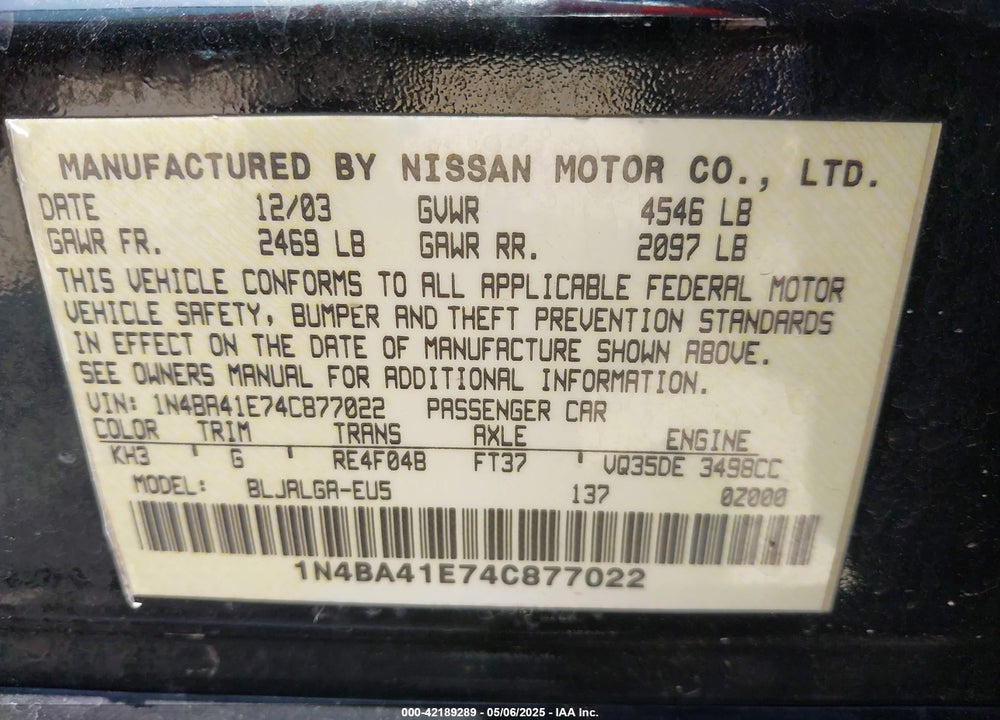 2004 NISSAN MAXIMA 3.5 SL VIN: 1N4BA41E74C877022