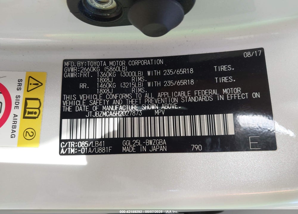 2017 LEXUS RX 350 VIN: JTJBZMCA6H2027873