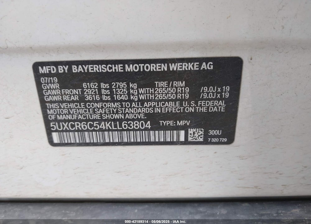 2019 BMW X5 XDRIVE40I VIN: 5UXCR6C54KLL63804