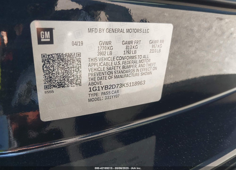 2019 CHEVROLET CORVETTE VIN: 1G1YB2D73K5118963