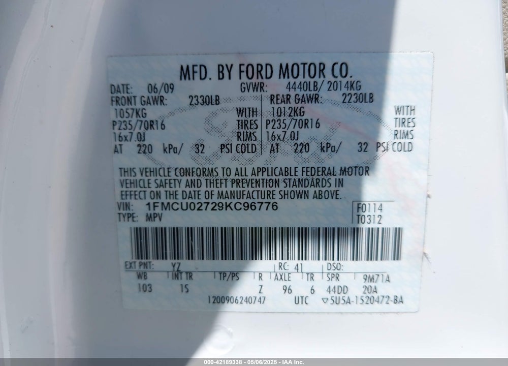 2009 FORD ESCAPE VIN: 1FMCU02729KC96776