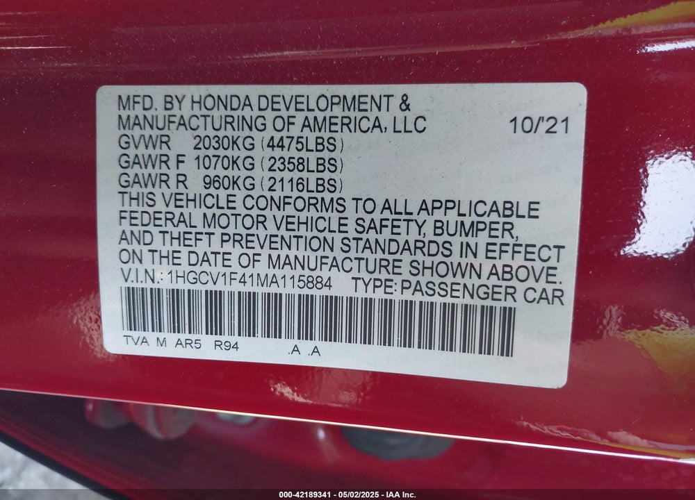 2021 HONDA ACCORD SPORT SPECIAL EDITION VIN: 1HGCV1F41MA115884