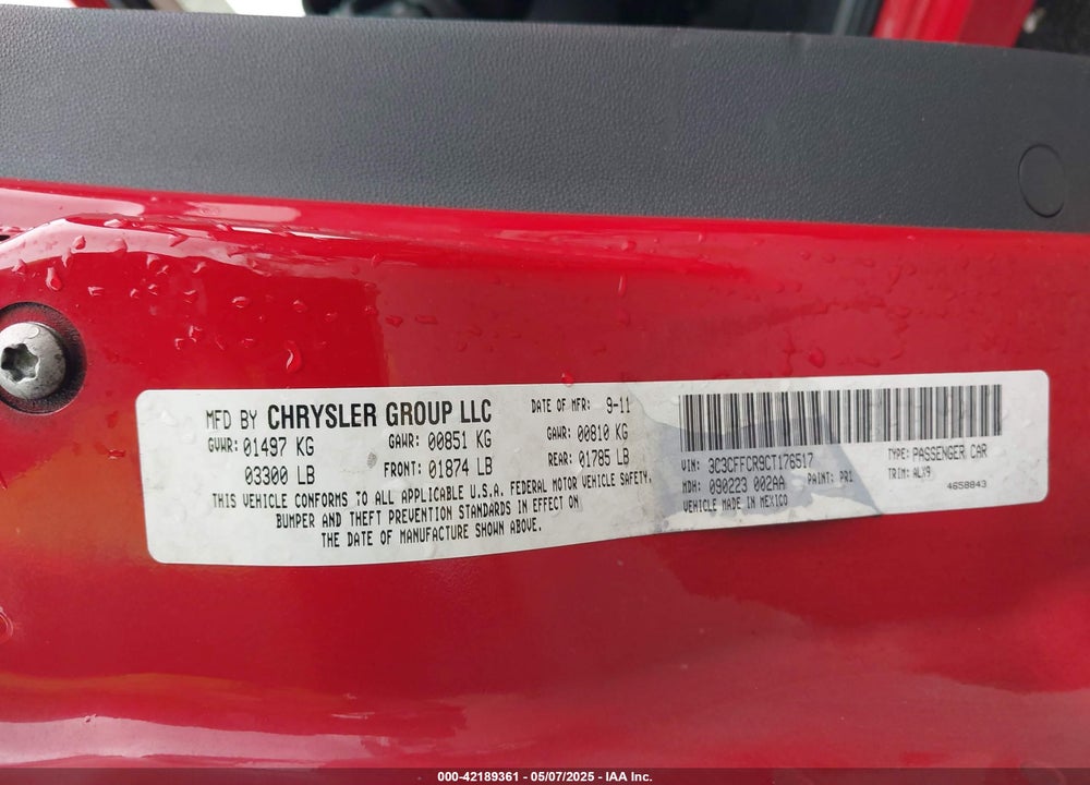 2012 FIAT 500 VIN: 3C3CFFCR9CT176517