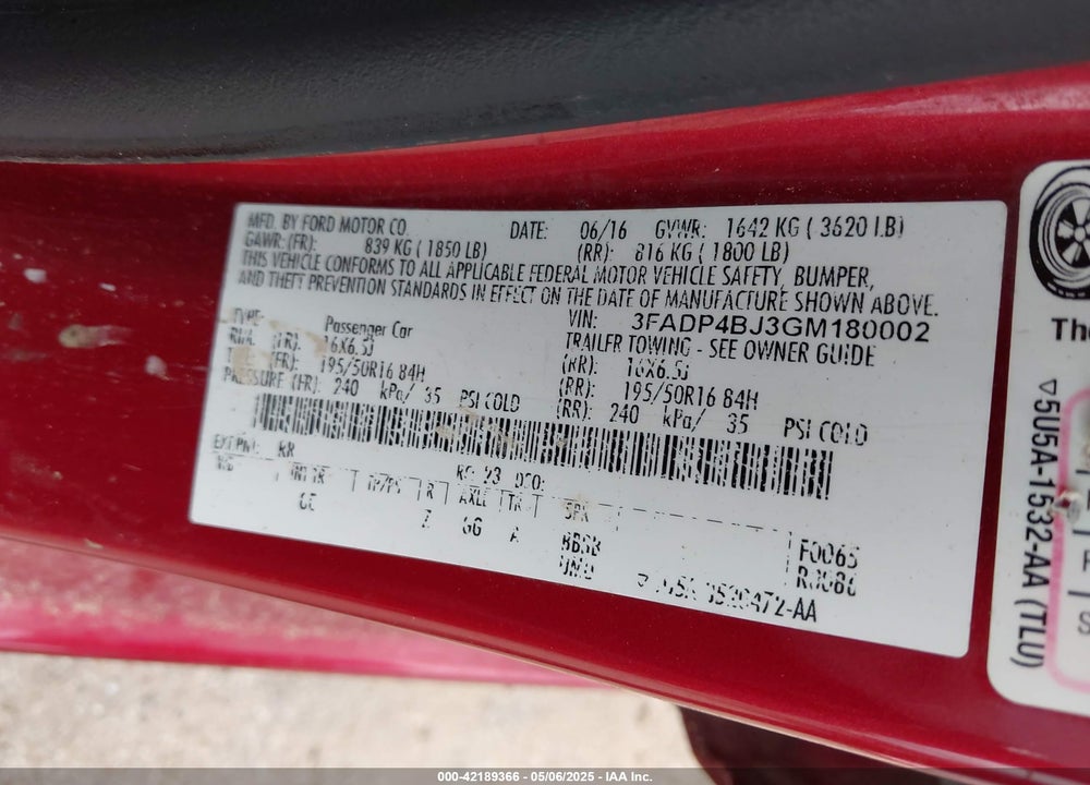 2016 FORD FIESTA SE VIN: 3FADP4BJ3GM180002