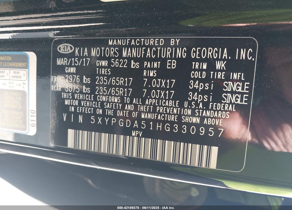 2017 KIA SORENTO VIN: 5XYPGDA51HG330957