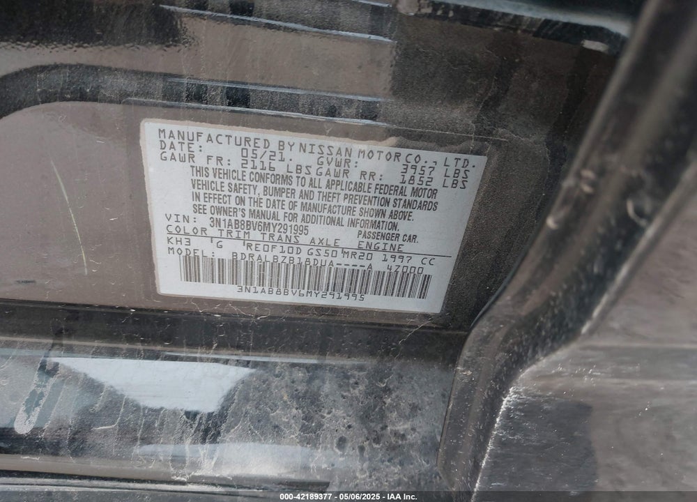 2021 NISSAN SENTRA S XTRONIC CVT VIN: 3N1AB8BV6MY291995
