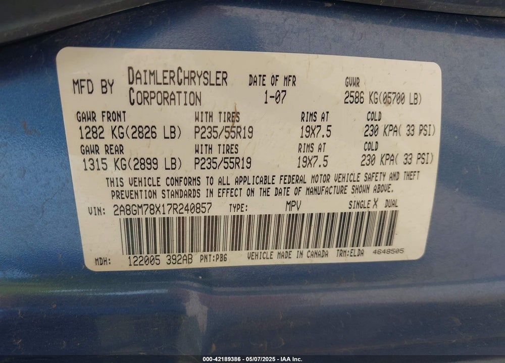 2007 CHRYSLER PACIFICA VIN: 2A8GM78X17R240857