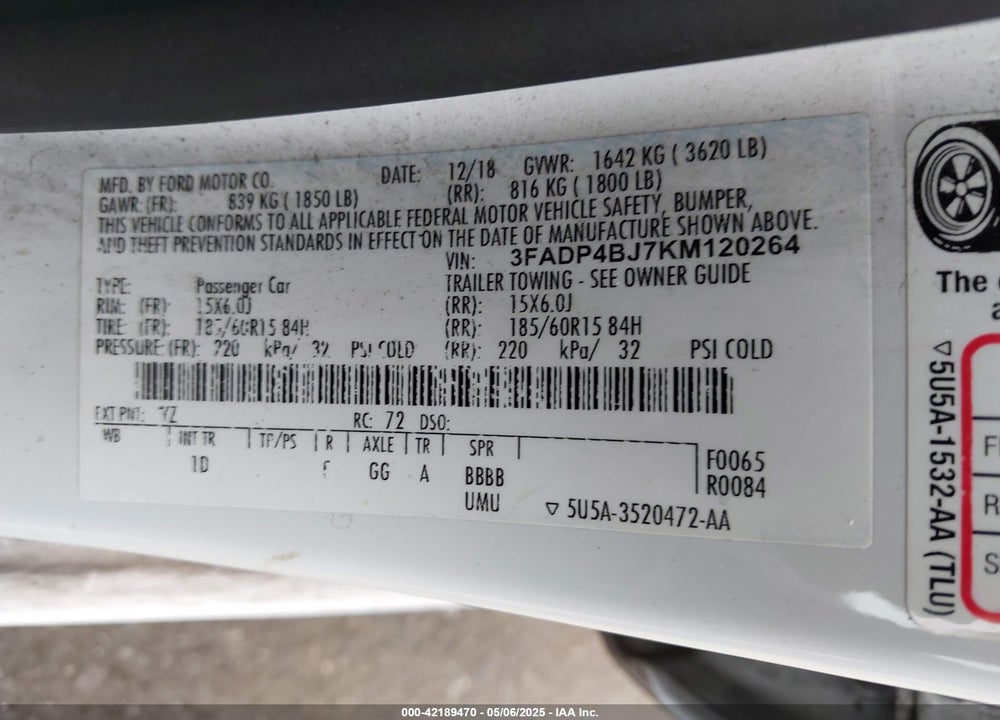 2019 FORD FIESTA VIN: 3FADP4BJ7KM120264