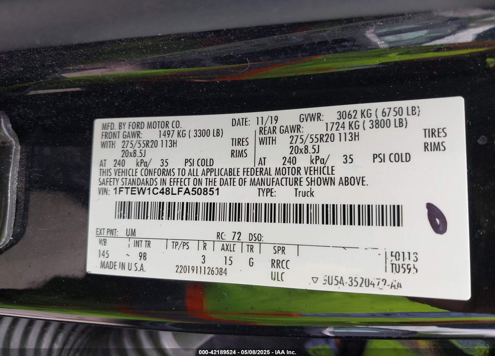 2020 FORD F-150 VIN: 1FTEW1C48LFA50851