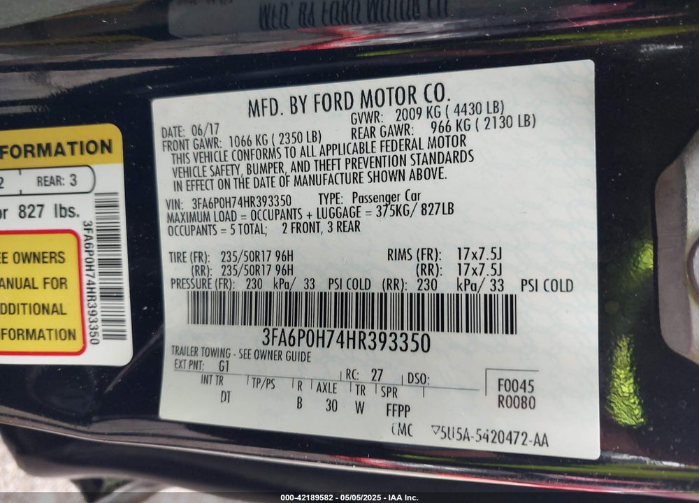 2017 FORD FUSION VIN: 3FA6P0H74HR393350