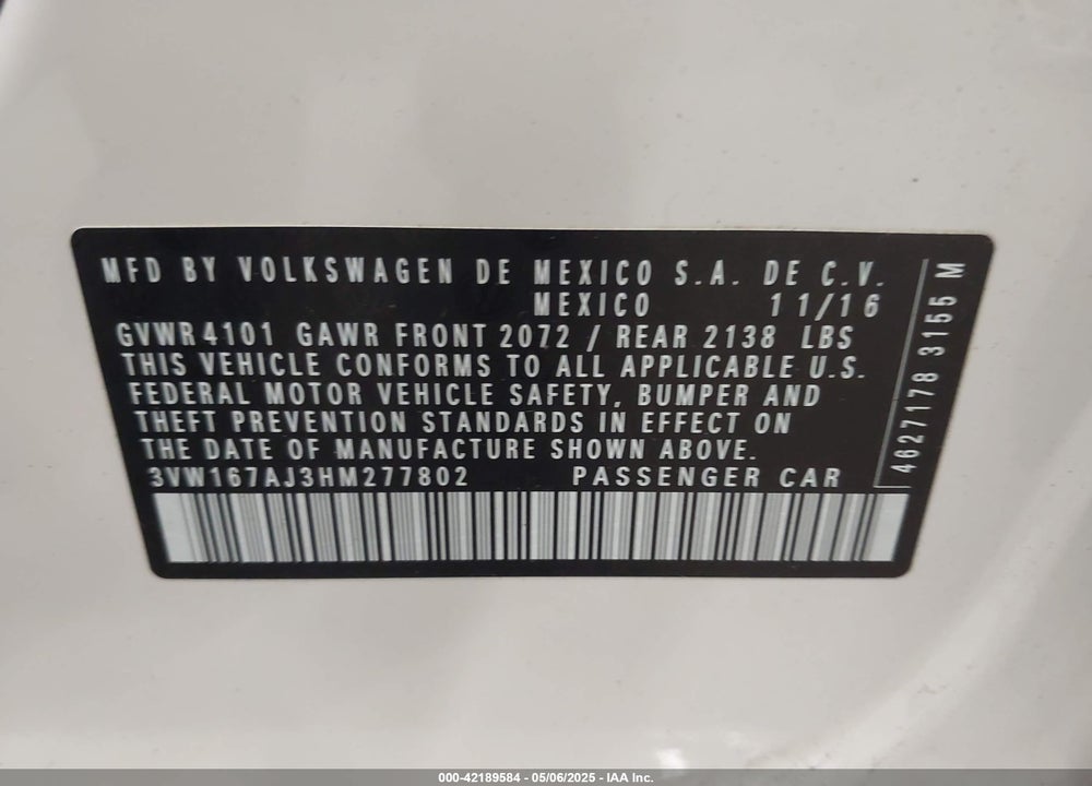 2017 VOLKSWAGEN JETTA 1.4T S VIN: 3VW167AJ3HM277802
