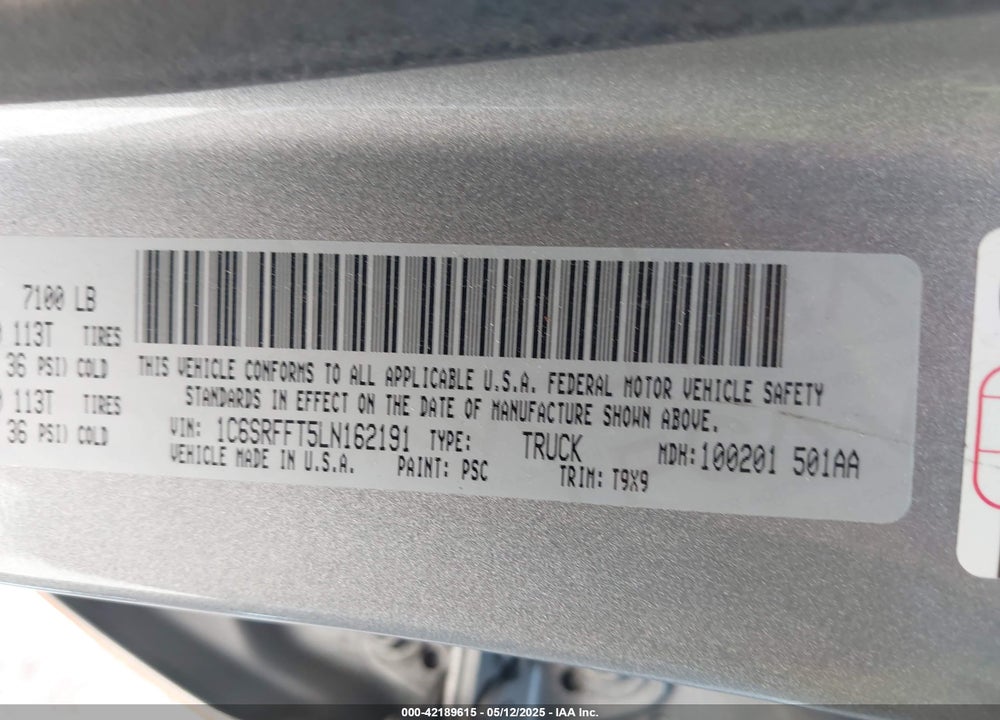 2020 RAM 1500 VIN: 1C6SRFFT5LN162191