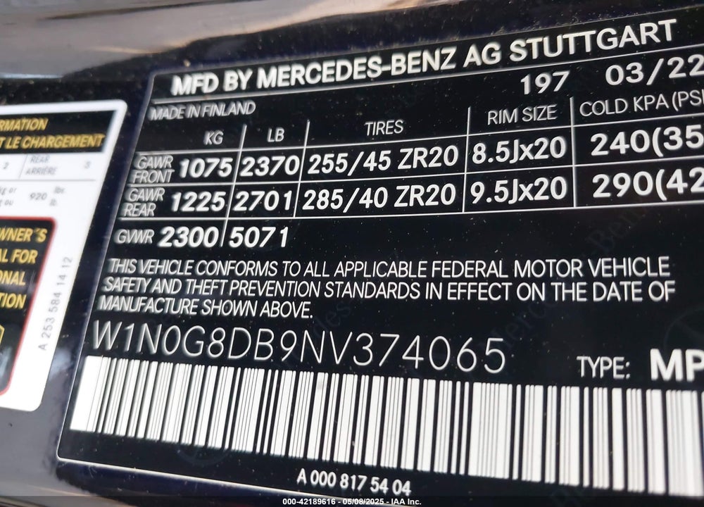 2022 MERCEDES-BENZ GLC CLASS VIN: W1N0G8DB9NV374065