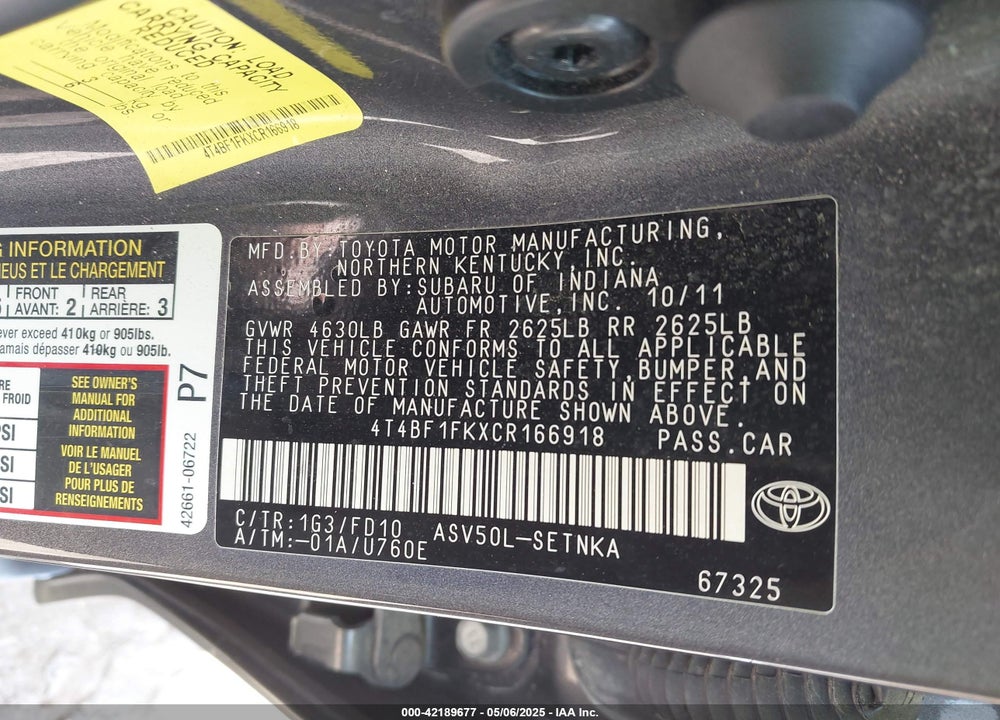 2012 TOYOTA CAMRY LE VIN: 4T4BF1FKXCR166918