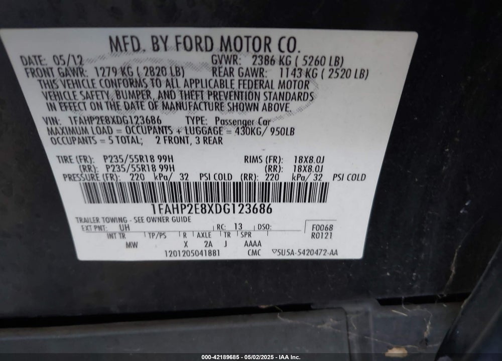 2013 FORD TAURUS SEL VIN: 1FAHP2E8XDG123686