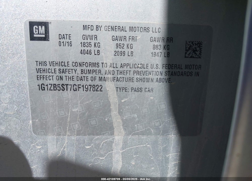 2016 CHEVROLET MALIBU LS VIN: 1G1ZB5ST7GF197822